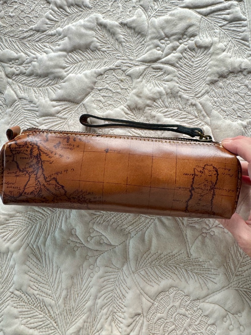 Patricia Nash Brown Leather Travel Toiletry Pouch with Map Print - Picture 1 of 9